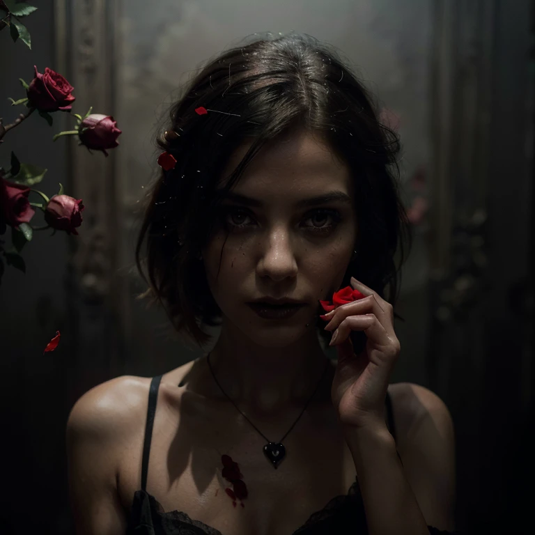 (best quality,4k,8k,highres,masterpiece:1.2),vibrant dark,gothic style,detailed blood,small flame,fading rose petals,centered,white woman's hand holding a red rose,ominous shadow,dramatic lighting,delicate details,subtle texture,bold strokes,intense colors,ethereal atmosphere,mysterious ambiance,haunting beauty,symbolic imagery