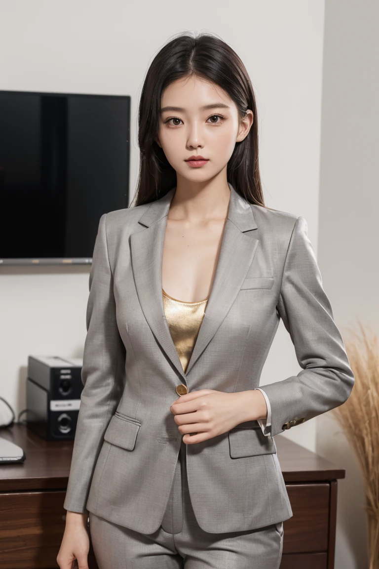 (8k, RAW photos, top quality, masterpiece: 1.2,(Best quality, 8k, 32k, Masterpiece, UHD:1.2), 1girl, asia, (25 year old), narrow waist, grey suit, front, suit body, pants, office room, look at camera, (gold ratio)