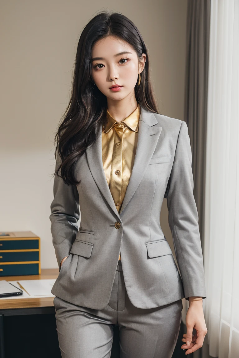 (8k, RAW photos, top quality, masterpiece: 1.2,(Best quality, 8k, 32k, Masterpiece, UHD:1.2), 1girl, asia, (25 year old), narrow waist, grey suit, front, suit body, pants, office room, look at camera, (gold ratio)