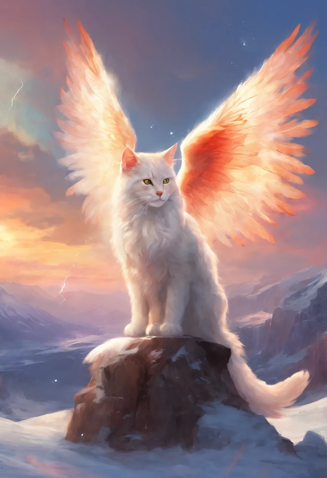 An angel holds a red and white cat on his arm, на железнодорожных путях сидит рыжий с белым cat with крыльями, Electric cats, flying on ice, with real wings, majestic wings, Warrior cats fan art, Alexander Kucharsky, stunning red and white cat, Outstretched Wings, andrey gordeev, wingspan, Beautiful digital images, cat with [ angelic wings ]!!, by Galen Dara, Ginger Cat, Warrior cats
