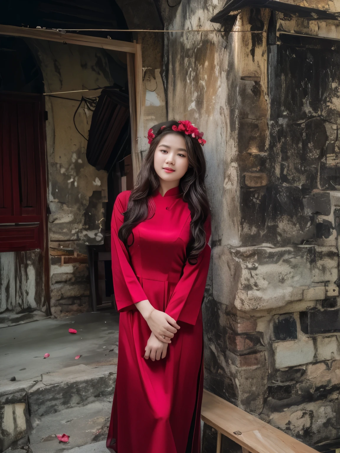 1girl, aodai red, photo art, (flower:1.2),a stunning photo with beautiful saturation, ultra high res,(realistic:1.4)),deep shadow,(best quality, masterpiece), pale skin, dimly lit, shade, flustered, blush, highly detailed, skinny, BREAK depth of field, film grain, wrinkled skin, looking at viewer, knee, warm smile, (full body:1.2), masterpiece,ultra realistic,32k,extremely detailed CG unity 8k wallpaper, best quality