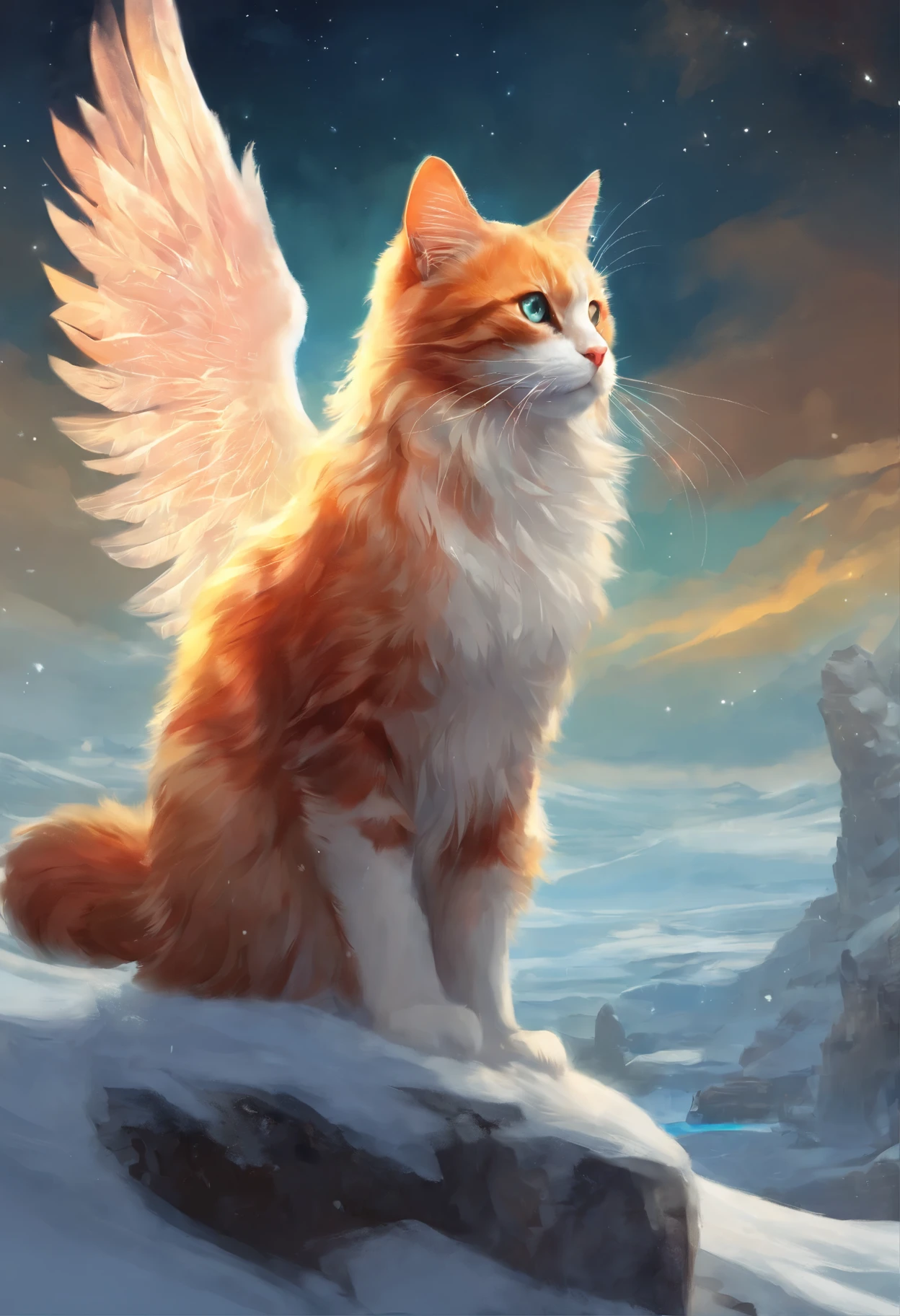 на железнодорожных путях сидит рыжий с белым cat with крыльями, Electric cats, flying on ice, with real wings, majestic wings, Warrior cats fan art, Alexander Kucharsky, stunning red and white cat, Outstretched Wings, andrey gordeev, wingspan, Beautiful digital images, cat with [ angelic wings ]!!, by Galen Dara, Ginger Cat, Warrior cats