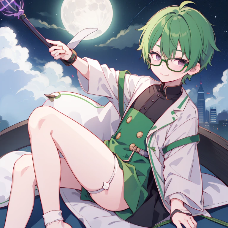 Shota boy,green hair,short hair,wearing a black circle glasses,two green antenna,purple eyes,cute,white skin,innocent,smiling,shy,night in shanghai,fullbody,in the night sky with clouds and moon,sleeping,holding a crescent-shaped magic staff,lying in the sky,quality picture,cute panties,wearing stocking