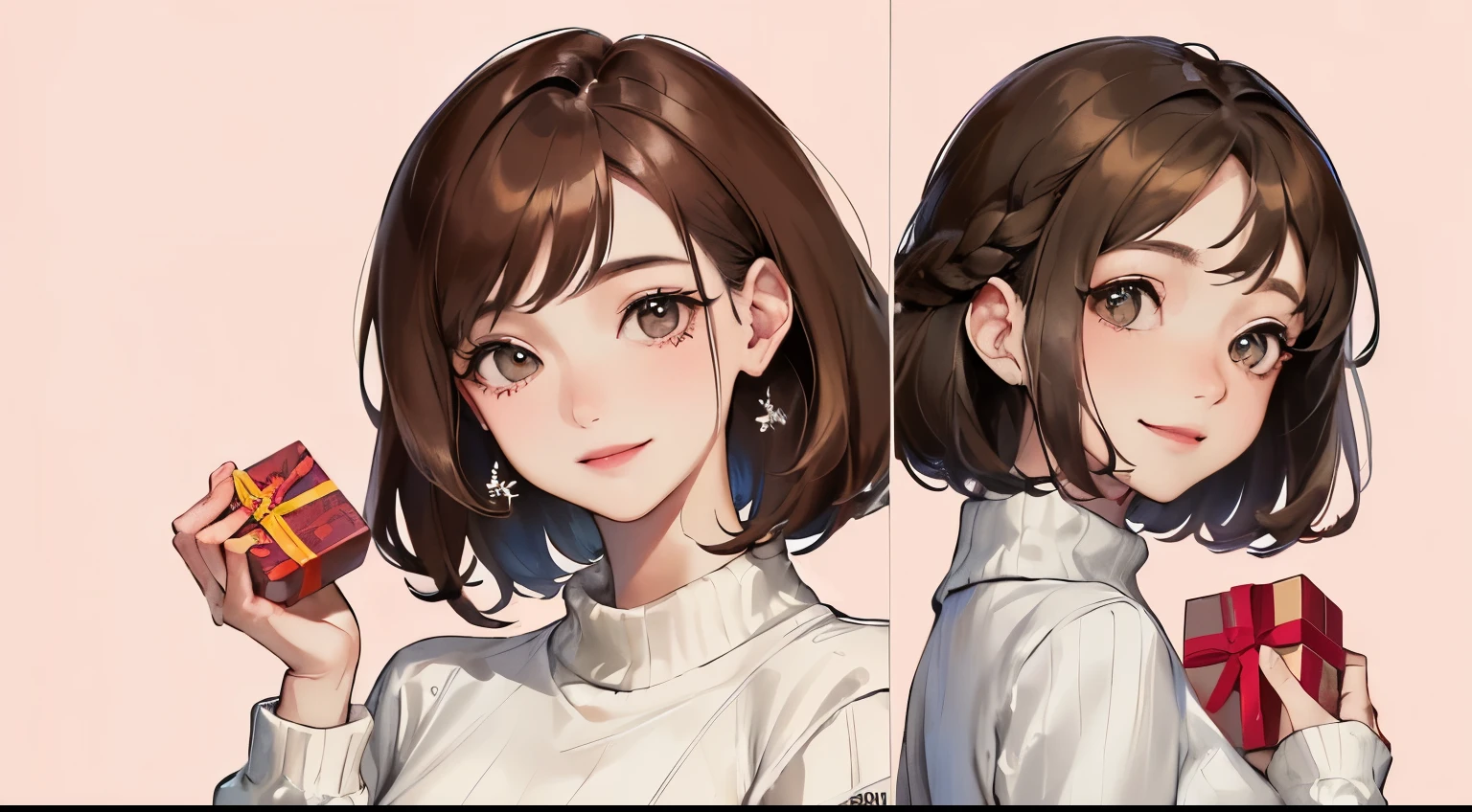(((1 woman)))、(highest resolution、clear_image)、 ((Have a gift box))、((Upper body diagram))、best quality、((short hair)),(((smile)))、contrast of light and shadow、very detailed、Semi-realistic、brown hair、Braided hairstyle、long bangs、20-year-old、young、((sweater))、((View from the front))、delicate facial features facial features、Light pink background、