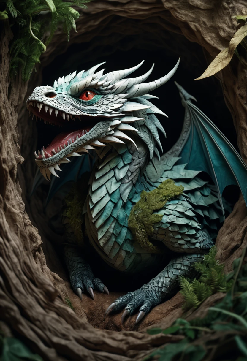 (best quality,4k,8k,highres,masterpiece:1.2),ultra-detailed,(realistic,photorealistic,photo-realistic:1.37),HDR,UHD,zentangle,origami,cinematic,nest,cave,mother dragon,huge dragon,broken egg,peeked head,detailed eyes,detailed lips,creature,mini dragon,dragon scales,protecting,artistic lighting,dramatic shadows,vivid colors,ethereal atmosphere,smoke tendrils,interplay of light and darkness,crystal-clear details