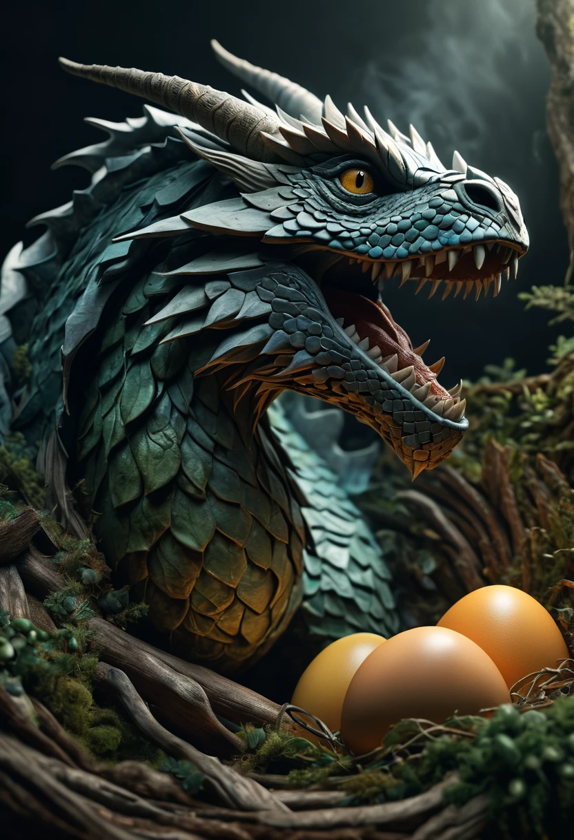 (best quality,4k,8k,highres,masterpiece:1.2),ultra-detailed,(realistic,photorealistic,photo-realistic:1.37),HDR,UHD,zentangle,origami,cinematic,nest,cave,mother dragon,huge dragon,broken egg,peeked head,detailed eyes,detailed lips,creature,mini dragon,dragon scales,protecting,artistic lighting,dramatic shadows,vivid colors,ethereal atmosphere,smoke tendrils,interplay of light and darkness,crystal-clear details