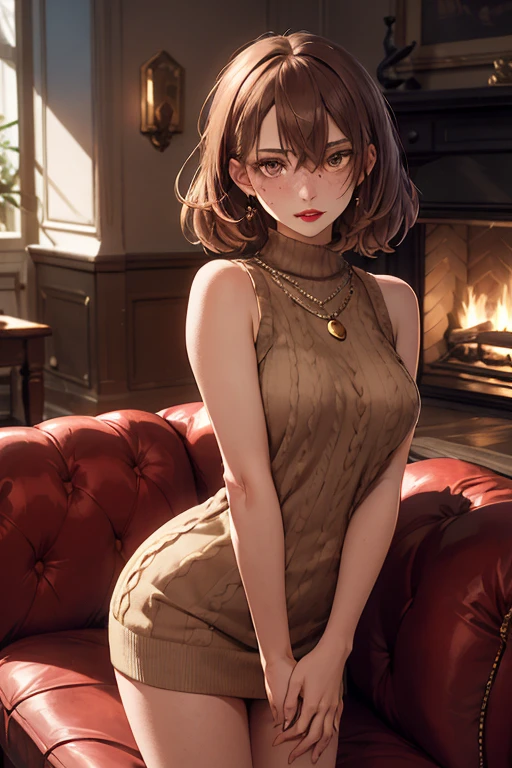 ((best quality)), ((masterpiece)), (detailed), Ridiculous resolution, high resolution, (masterpiece:1.4), Hyper-detailing, a woman. she is 17 years old. Auburn hair. She has bangs in her hair. Red lips. blush. freckles. (Ultra detailed brown eyes)). she is lying by the fireplace on a sofa. She is wearing a sleeveless wool sweater. Wool mini skirt. necklace. full body shot. she is angry.