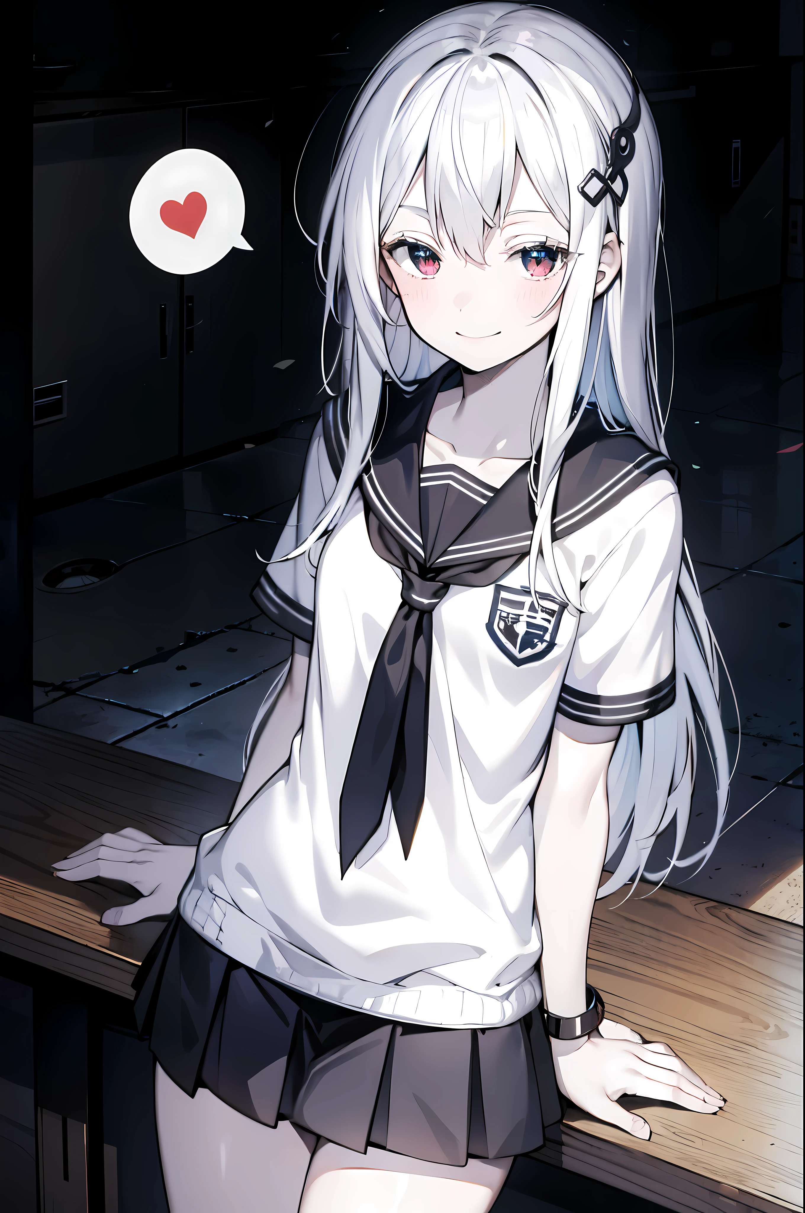 detailed, (masterpiece:1.2), (pale_skin:1.2), (solo:1.2), (female:1.3), (emphasis lines:1.3), slender, (white hair), bracelets, serafuku, school, long hair, smile, short skirts