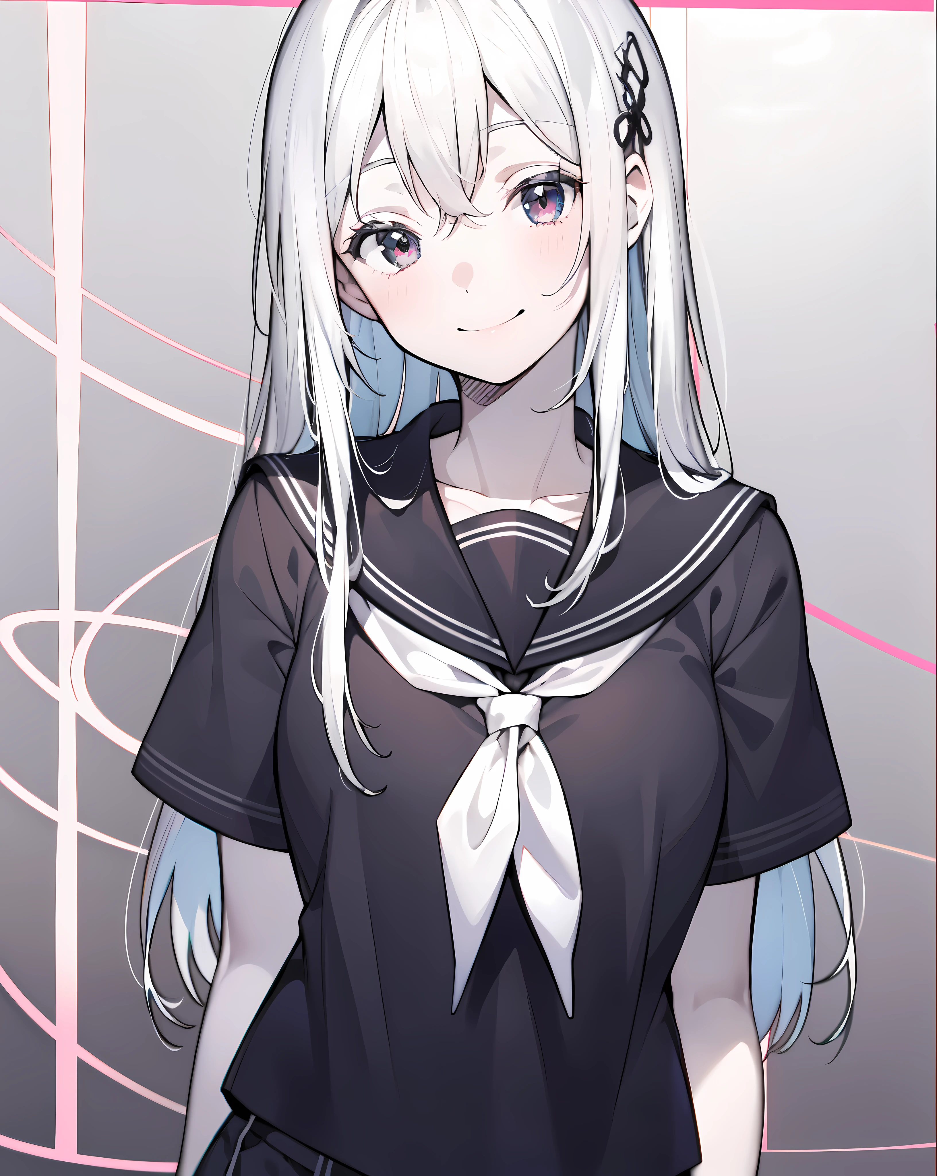 detailed, (masterpiece:1.2), (pale_skin:1.2), (solo:1.2), (female:1.3), (emphasis lines:1.3), slender, (white hair), serafuku, school, long hair, smile