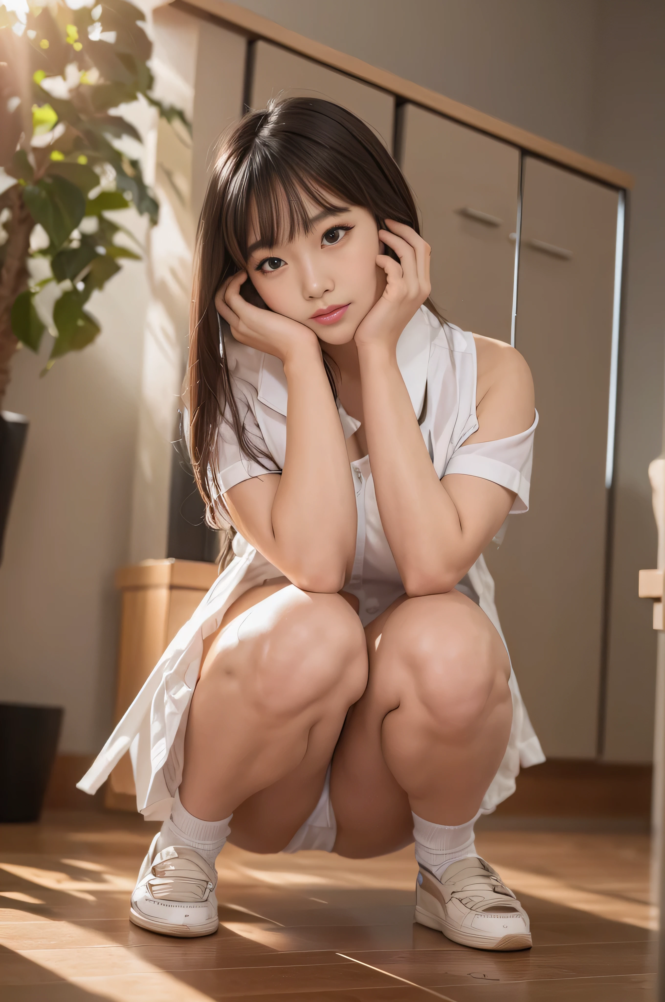 arafed asian woman in a school uniform crouching down on the floor, Realistic Young Gravure Idol, Young Pretty Gravure Idol, Young Gravure Idol, Young Sensual Gravure Idol, narumi kakinouchi, zora々Shishi Japan of Girls, 奈良美智, chiho, Young skinny gravure idol