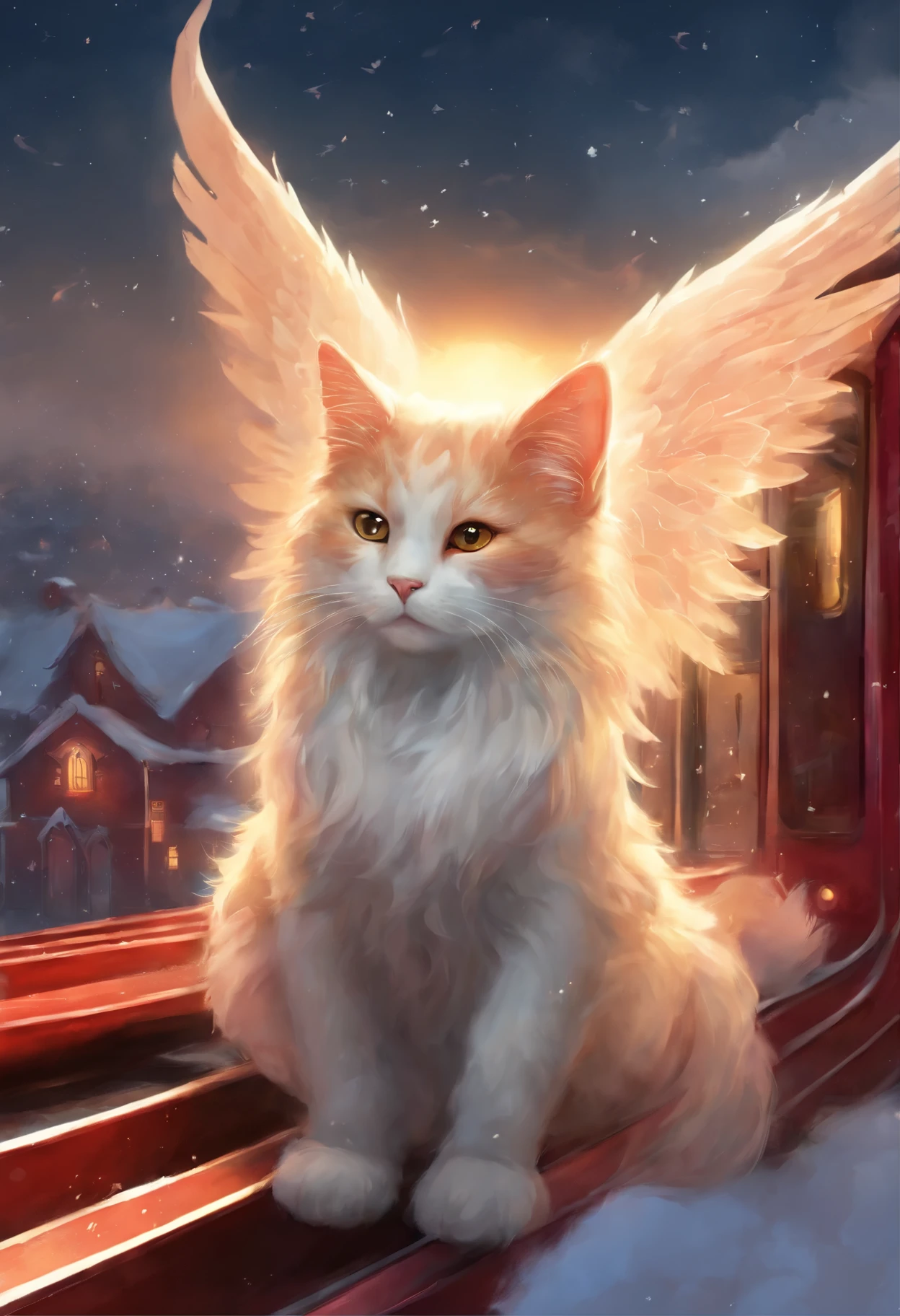 red and white cat with wings look from the sky at the train receding into the distance, snowstorm, blizzard, Polar express leaves for heaven, choo choo, Beautiful digital images, Cute illustrations, Sakimi, Train, Andrey Gordeev, Rails, charming digital painting, Magical scene, fantastic matte painting, Cute, White cat, Cute digital art, Desktop Wallpapers - 1 0 2 4, 2 0 1 4