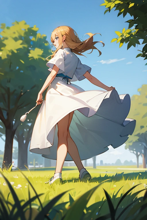 Strawberry blonde with blue eyes walking on a grassy field on a sunny day with a white dress