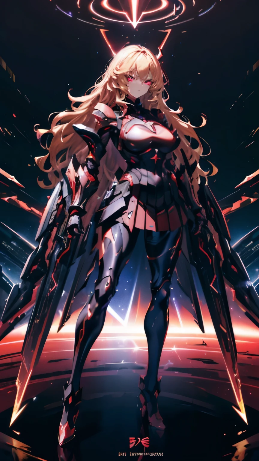 (Armed curvaceous and strong muscular warlord woman), (evil look), ((voluminous wavy blonde hair)), glowing red eyes, ((On her chest is a high-tech glowing dark red star)), sophisticated details, (Sleek, high-tech and futuristic wearing black:70 and dark red:90 Sophisticated armor with tactical skirt), highly weaponized, ((Sideways intimidating pose)), ((standing sideways on a spaceship)), (holographic numbers、symbol、surrounded by stars。), 最high quality, Sharp and clear line drawings, high quality, 8K professional images
