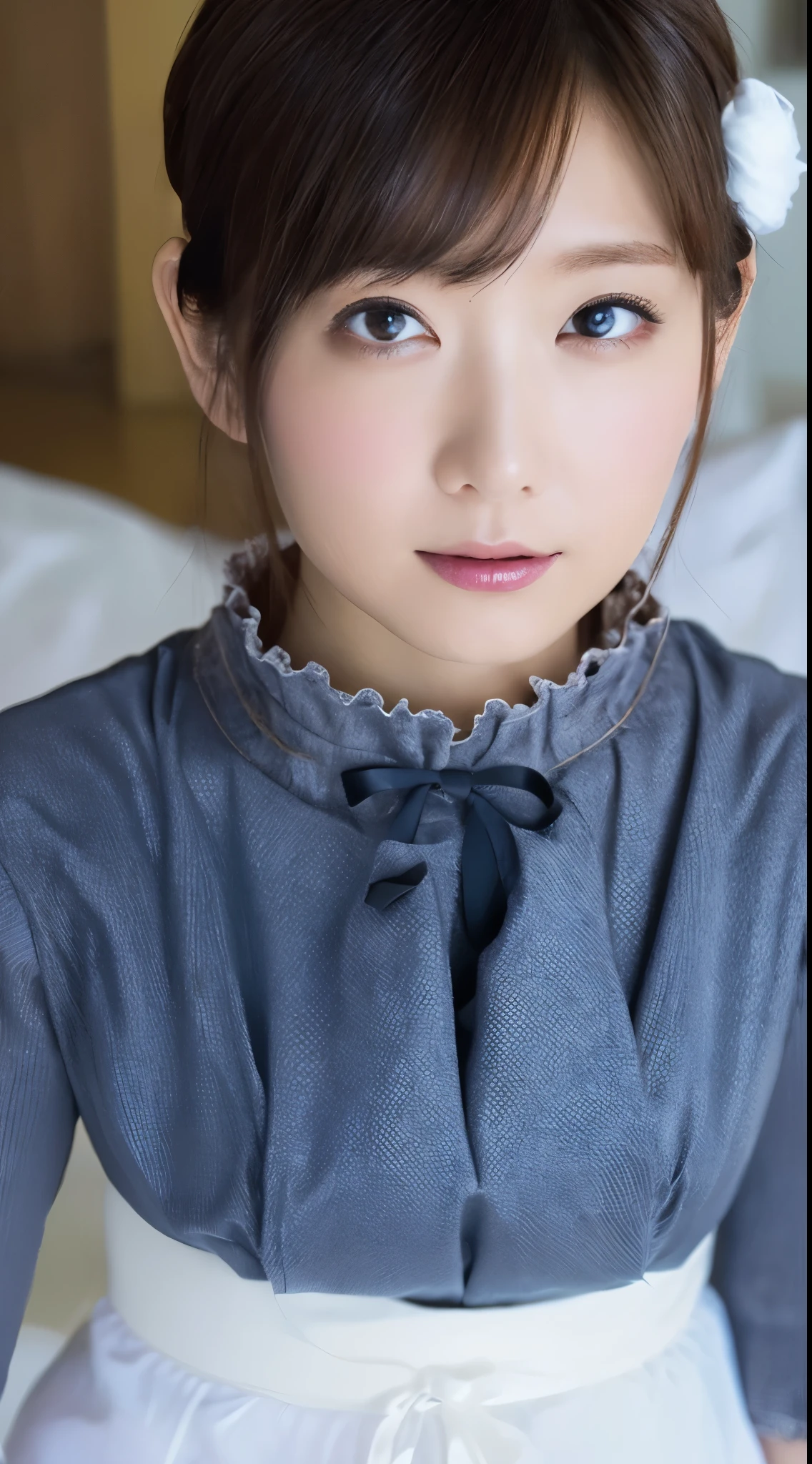 masutepiece, Best Quality, Illustration, Ultra-detailed, finely detail, high resolution, 8K Wallpaper, Perfect dynamic composition, ((close up:1.3, from above, looking at viewer)), Beautiful detailed eyes , (wearing Cotton Maid Costume, Cute Ruffle Girl Dress, maid headband, color base on white black blue),