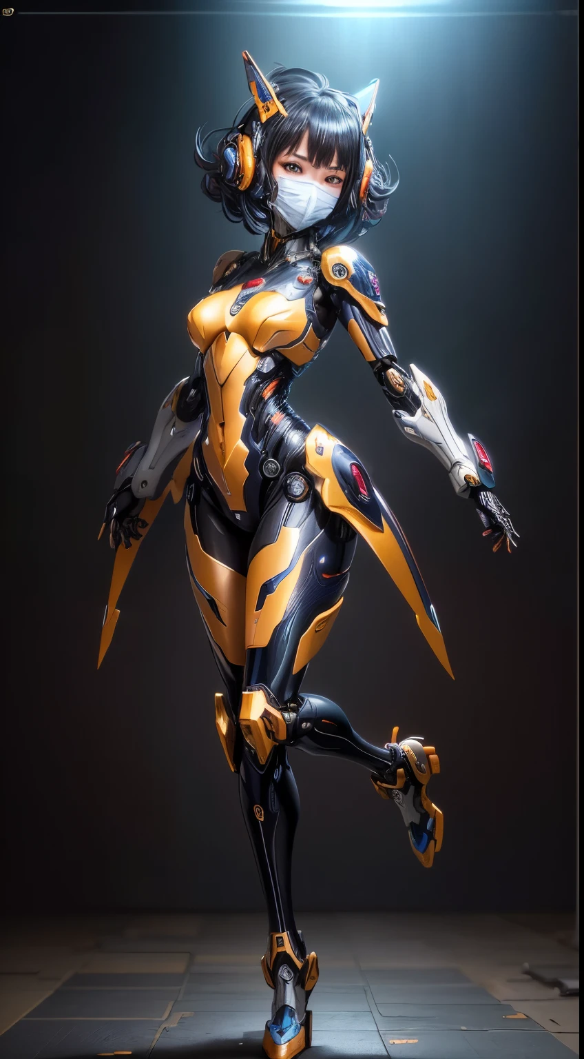 (Dynamic angle:1.4), ((Full body posing:1.5), (colorful:1.2), (extremely detailed CG unity 16k wallpaper:1.1), (Denoising strength: 1.45), (tmasterpiece:1.37), ((official art)), (Reality :1.5), photo-realistic, ultra high res, Movie Texture, Movie Lighting, 1girl, nvshen, colorful_woman, cyborg, AGM, machinery, blue jijiaS, Mecha, chinese element, In the universe, the planetary background, Mecha Girl, patent leather Skin-tight garment, mechanical body, Metal Armor, Complex mechanical mechanism, complex decoration, science fiction, Vermilion lips, Combat Posture, smotion blur, ulzzang-6500-v1.1, crooked mouth smile, mecha, Reflection, Futurism, best quality, masterpiece, best quality, face mask