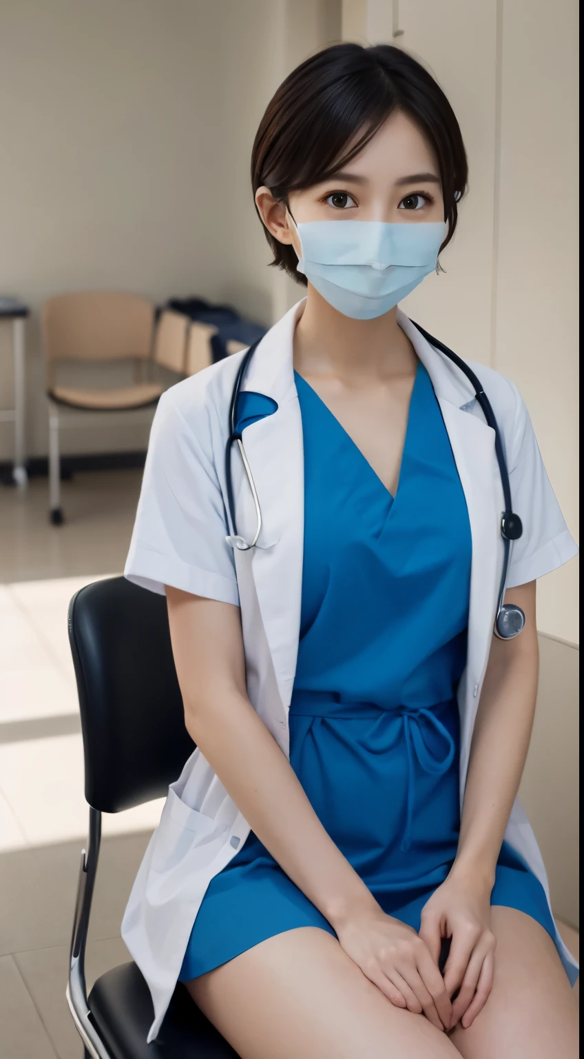 Photorealistic beautiful doctor、amazingly beautiful、(Doctor White Coat Naked),(topless)、(highest quality、8K、32K、masterpiece、nffsw:1.3)、ultra high resolution,(Photoreal:1.4),RAW photo, detailed face,,beautiful hair, ((Doctor Style)), (Blue surgical gown and white doctor's coat、light blue mask),very short hair 、 natural makeup,, small perfect breasts、(Inside the hospital,examination room desk and chair、sit on a chair) detailed background, perfect lighting, written boundary depth, beautiful shadow gradation,(Stethoscope) ,、thin limbs、thin thighs、whole body、backwards、