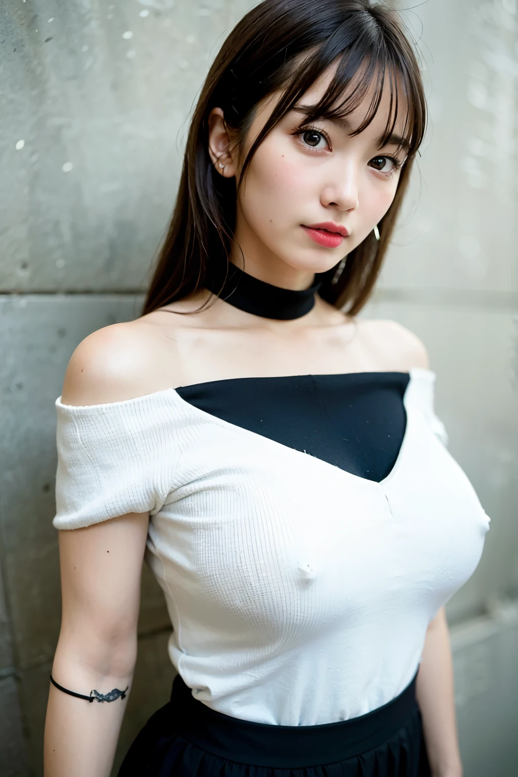 highest quality, ultra high resolution, (realistic:1.4), 1 girl, off shoulder white shirt, black tight skirt, black choker, (faded gray hair:1), (huge breasts:1.2), looking at the viewer, close ,VeryBig tits Nipples School uniform 