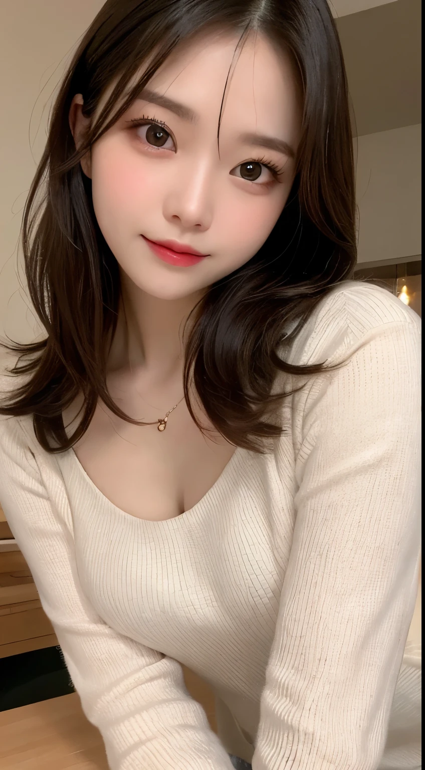 table top, highest quality, shape, Super detailed, finely, High resolution, 8k wallpaper, 完璧なダイナミックな構shape, beautiful and detailed eyes, long sleeve winter dresses,medium hair, small breasts, natural color lip, random sexy pose,smile,、20 year old girl、midnight、beautiful and detailed face、perfect and beautiful face,Big eyes、RAW photo、spread your arms and legs wide、Express your best mood with your whole body、beautiful and detailed eyes、small face、beautiful duplex、slim face and style,blur the background