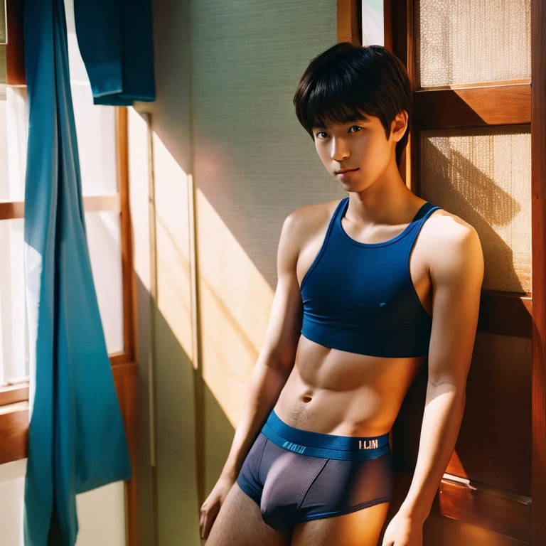 A handsome Japanese brown-haired high school boy who wears only one tiny pair of underwear and is highly exposed.、

