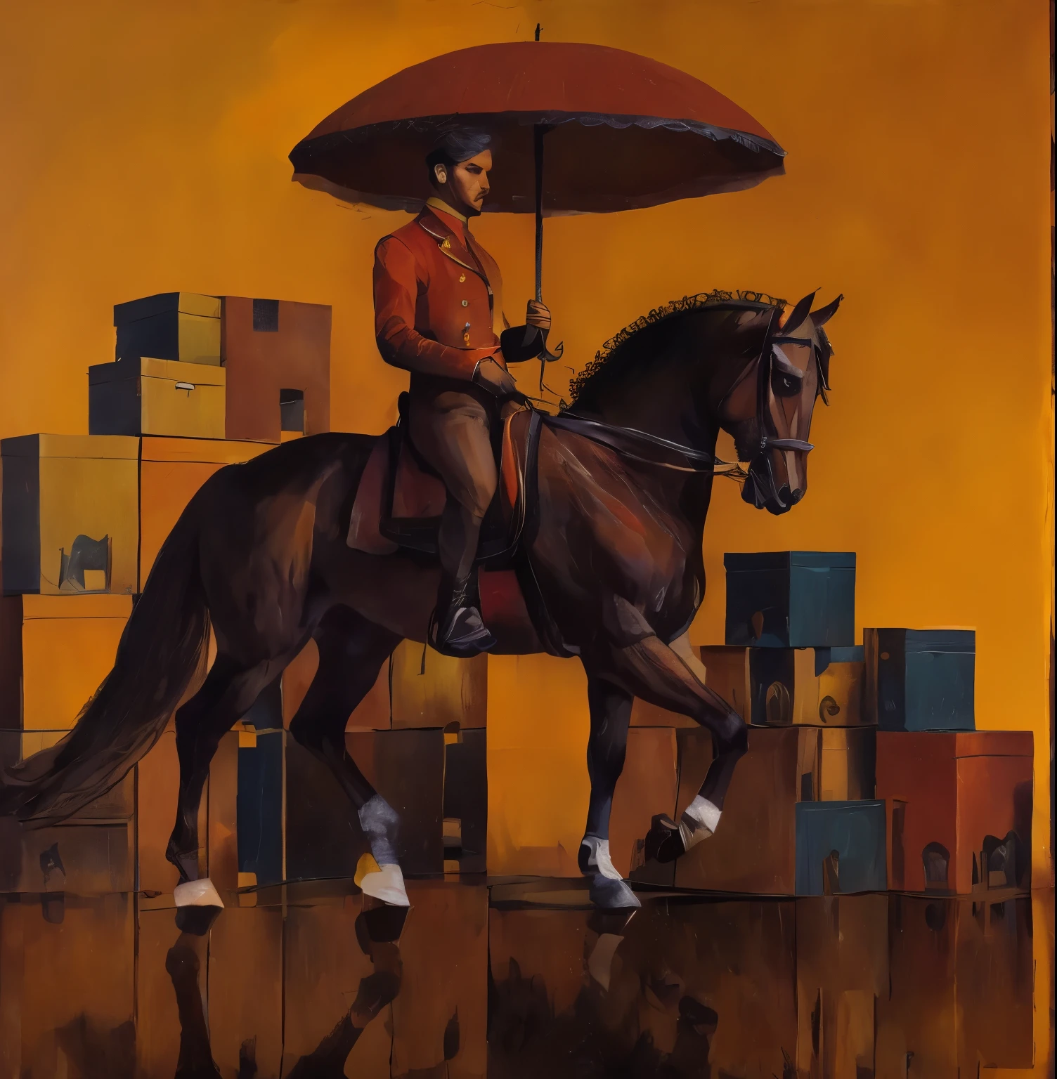 Un arlequin a caballo con sombrilla, en una habitacion con cajas de carton al fondo , estilo pintura hiperrealista, paleta rojo, banco amarillo y negro. cajas arrugadas, obra de arte, iluminacion de estudio, encuadre completo? Aspec ratio 5:4