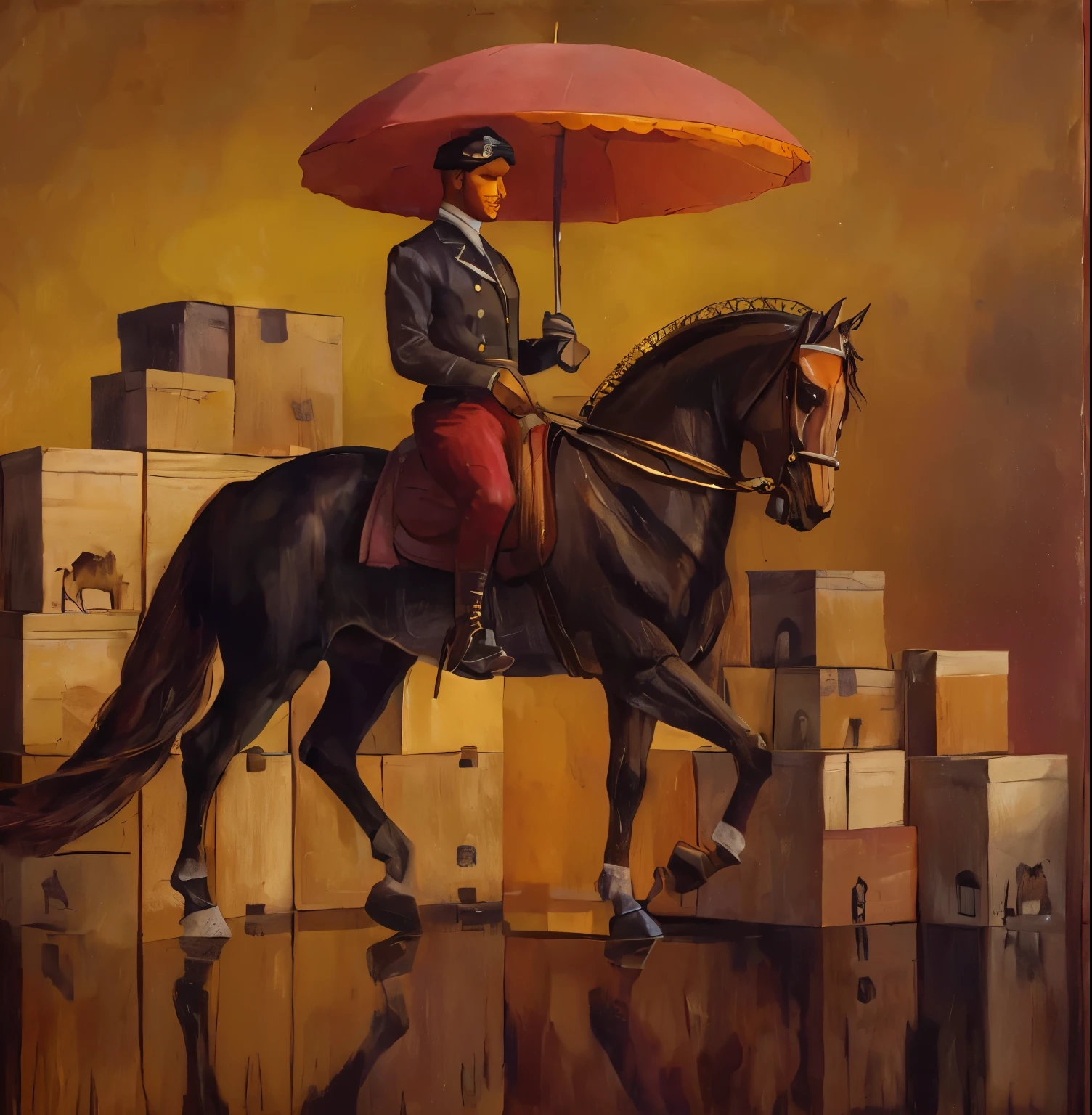 Un arlequin a caballo con sombrilla, en una habitacion con cajas de carton al fondo , estilo pintura hiperrealista, paleta rojo, banco amarillo y negro. cajas arrugadas, obra de arte, iluminacion de estudio, encuadre completo? Aspec ratio 5:4