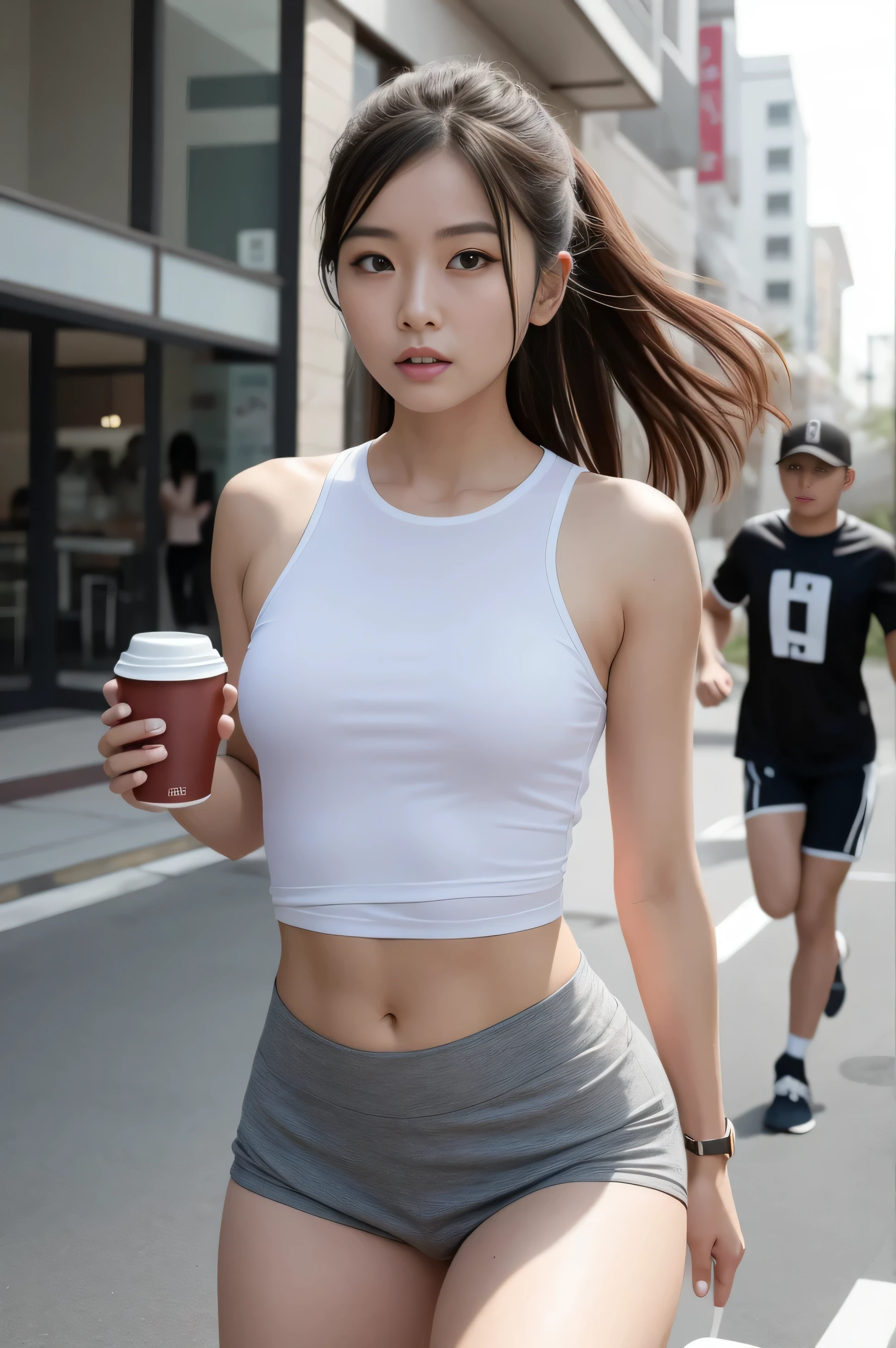 Woman drinking coffee wearing white tank top and gray shorts, wearing tight shirt, be good at sports and shirt, tight shirt, gorgeous chinese model, wearing tight simple clothes, gorgeous young Korean woman, beautiful south Korean woman, beautiful asian girl, the girl is sitting at the table, be good at sports, Fit Woman, Korean woman, chinese girl, The Girl Who Runs, running freely, Korean woman, Japan model, that&#39;It&#39;s on Mars, The background is a space