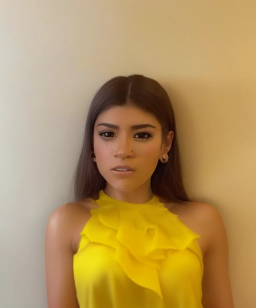 Un primer plano de una mujer con una blusa amarilla y pantalones negros, alani guillen, foto de perfil en la cabeza, lorena avarez, violeta myers, lady wearing yellow dress, with yellow cloths, hermosa mujer amarilla, render de mirabel madrigal, retrato de zendaya, taken in the early 2020s, foto de mujer joven, foto de un modelo