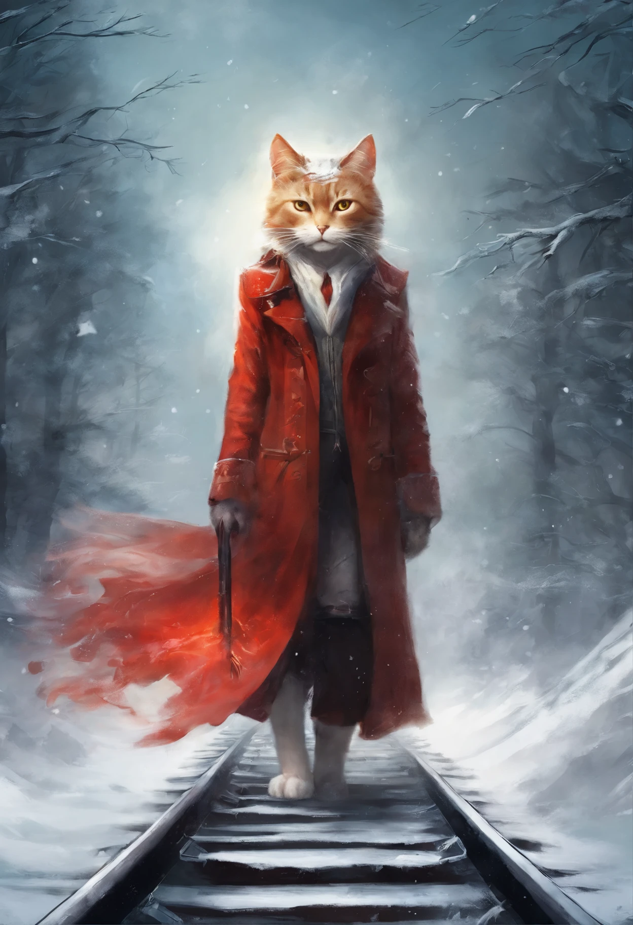 The cat looks in horror at the departing train, Cat tracks, red and white cat, Heavens, железная дорога в Heavens, snow, snowstorm, Train