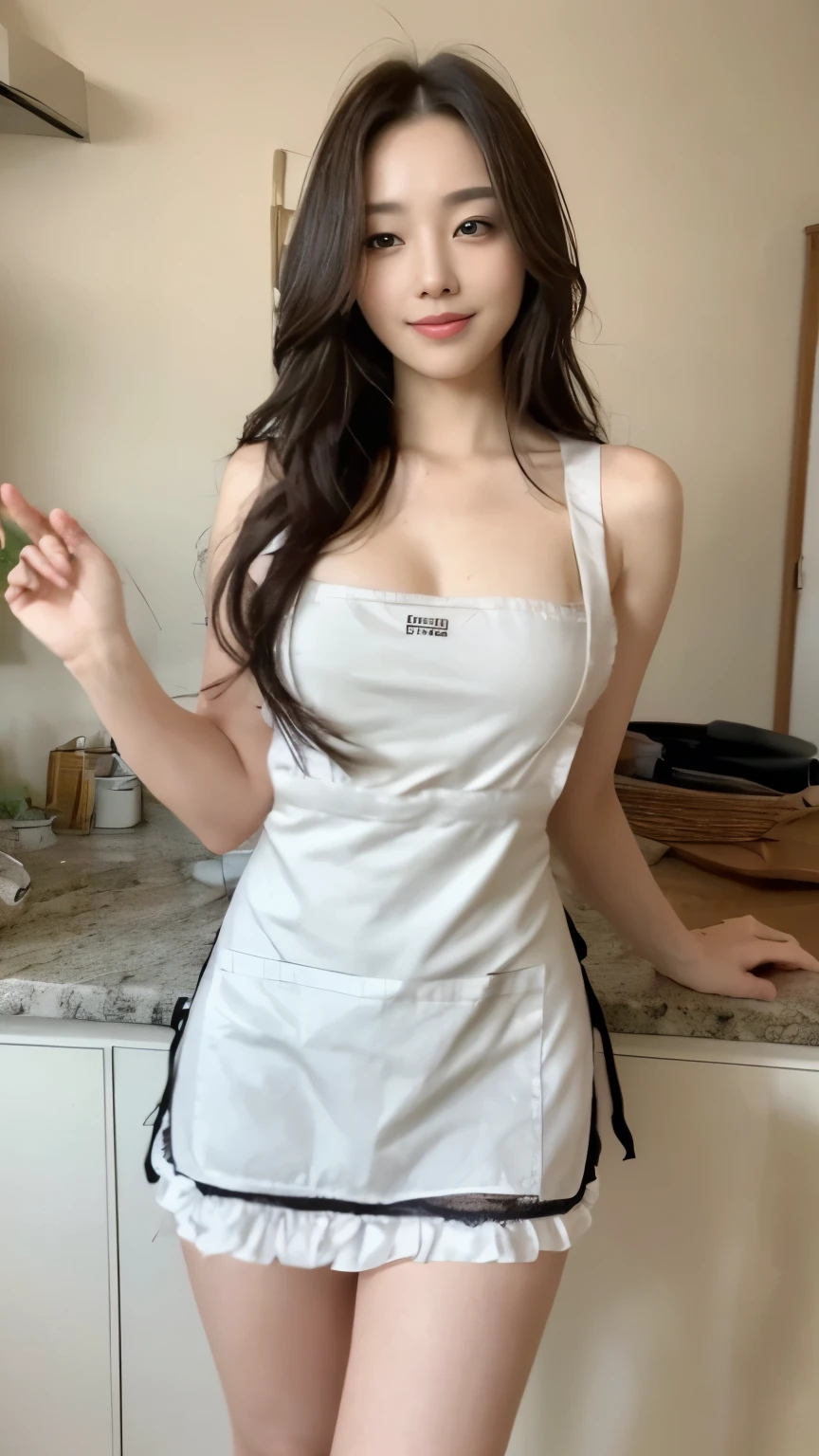 ((top-quality、8k、​masterpiece:1.3))、Beautiful woman with perfect body:1.4、slim abdomen:1.2、Longhair, normal breast, Highly detailed facial and skin texture, A detailed eye, (smile), (full body shot), ((kitchen)), (standing), (((wearing apron), looking in front