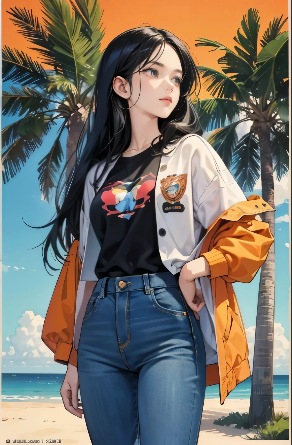 very colorful, high sense, pop feel, Orange and Indigo Keynote Speech, summer image, Palm tree, beach, anime woman with long black hair, Around 25 years old, wearing a jacket, Lofty dream, older woman, longing, first love, A melancholy look, Eternal summer, blue jeans, perfect tall model body, cool beauty, mysterious, A melancholy look, it will happen, Anime drawing by Yang J, Trending at Art Station, realism, extremely detailed germ of art, Realistic anime 3D style, anime style 4 k, up to the model | germ of art, anime style. 8K, casual clothes, realistic anime art style, style germ of art, sharp outline, highest quality, perfect angle, perfect composition, best shot, official art，CD jacket, 80s city pop, very stylish, fashionable