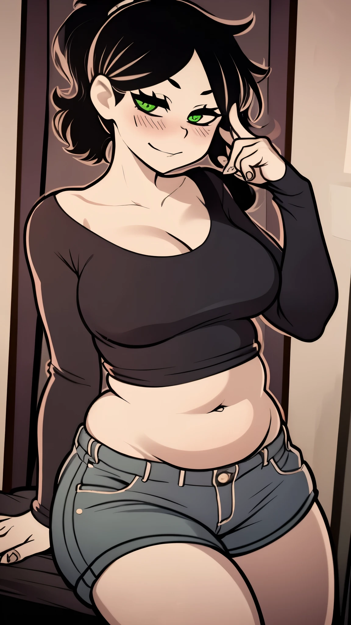 ((high res)), (Masterpiece), perfect anatomy, perfect shading, field of depth, (best quality), extremely delicate and beautiful, perfect lighting, detailed face, ultra cute face, cute, (cowboy shot 1.2), looking at viewer, full body, ((1girl)), ((solo)),

has short hair, messy hair, messy ponytail, black hair, green eyes, ((blush)), seductive smile, (black shirt1.2), (shorts 1.2), ( 1.2), extremely tight clothes, medium breasts, cleavage, perky breasts, (((wide hips))), ((thick thighs)), (chubby), chubby belly, fat rolls, belly hang,

bedroom, intricate background, detailed background, sitting, belly grab,
