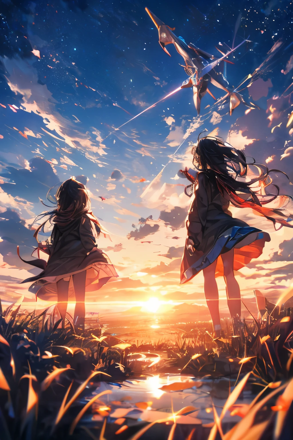 Hair floating in midair, back view, Look at the sun, There is a starship in the sky, Three suns, A  with black hair,  girl, Standing in the steppe, landscape, universe, 8k, super detail