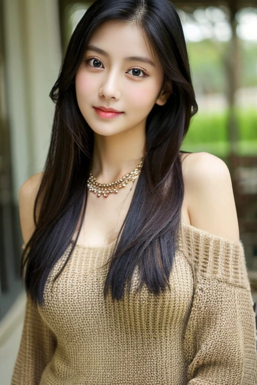 1girl in, age23, indonesian face, Solo, Long hair, Colossal tits, Looking at Viewer, blackhair, Bare shoulders, Brown eyes, jewelery, Full body, a necklace, Sweaters, Realistic, A sexy