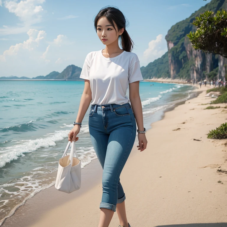 Thai girl wears short jeans and a tight-fitting white shirt. Take a walk by the sea