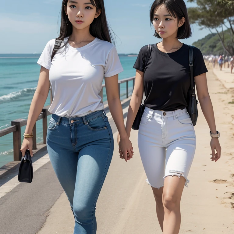 Thai girl wears short jeans and a tight-fitting white shirt. Take a walk by the sea