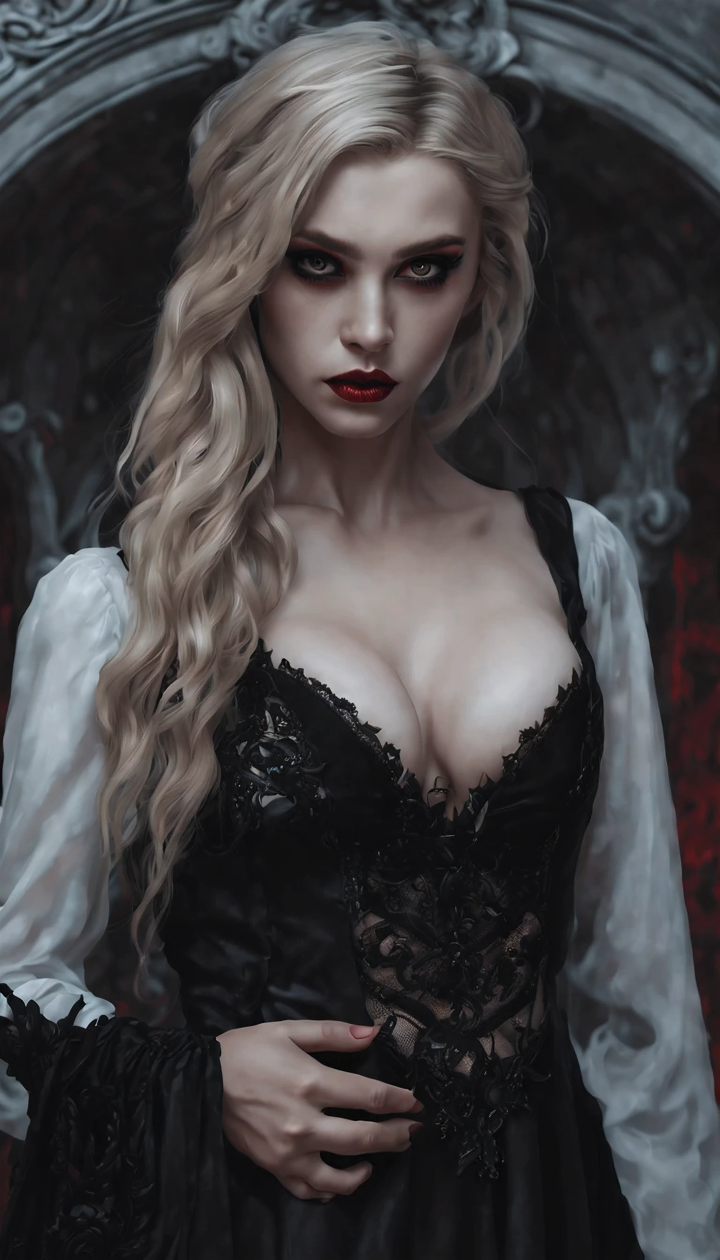 Photorealistic portrait of a vampire girl, У нее long light hair, Young woman, standing at full height in the dark, She is wearing a black short dress with a plunging neckline, Beautiful breasts, detailed chest, Black openwork stockings, black high heels, Detailed face, dark makeup, Seductive look, (sexual) Outside, fangs visible, Blood runs down his lips, bright glowing eyes. long light hair, realism, pale detailed skin, bright red eyes, very detailed skin, loose hair, Realistic skin, Gothic attire, Canon,4K, mysterious, Gothic, Sexy beautiful vampire girl, High 8K Image Quality, detailed image 16K.