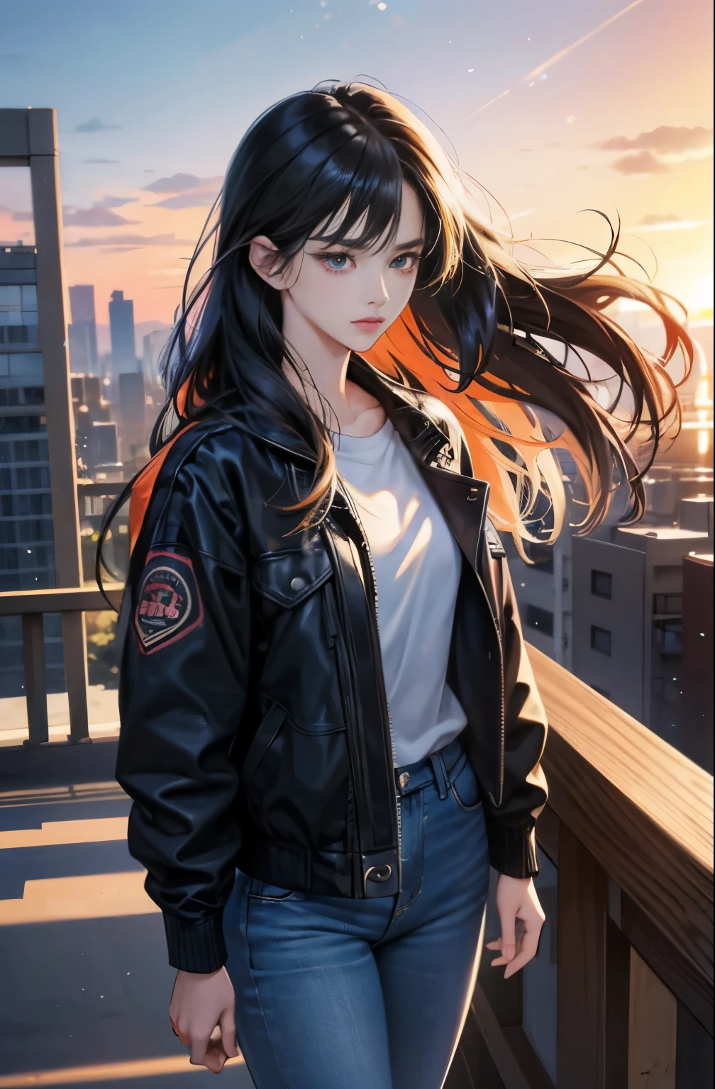 very colorful, high sense, pop feel, Orange and Indigo Keynote Speech, summer image, sunset beach, anime woman with long black hair, Around 25 years old, wearing a jacket, Lofty dream, older woman, longing, first love, A melancholy look, Eternal summer, blue jeans, perfect tall model body, cool beauty, mysterious, A melancholy look, Eternal farewell, it will happen, Anime drawing by Yang J, Trending at Art Station, realism, extremely detailed germ of art, Realistic anime 3D style, anime style 4 k, up to the model | germ of art, anime style. 8K, casual clothes, realistic anime art style, style germ of art, sharp outline, highest quality, perfect angle, perfect composition, best shot, official art,CD jacket, 80s city pop, very stylish, fashionable