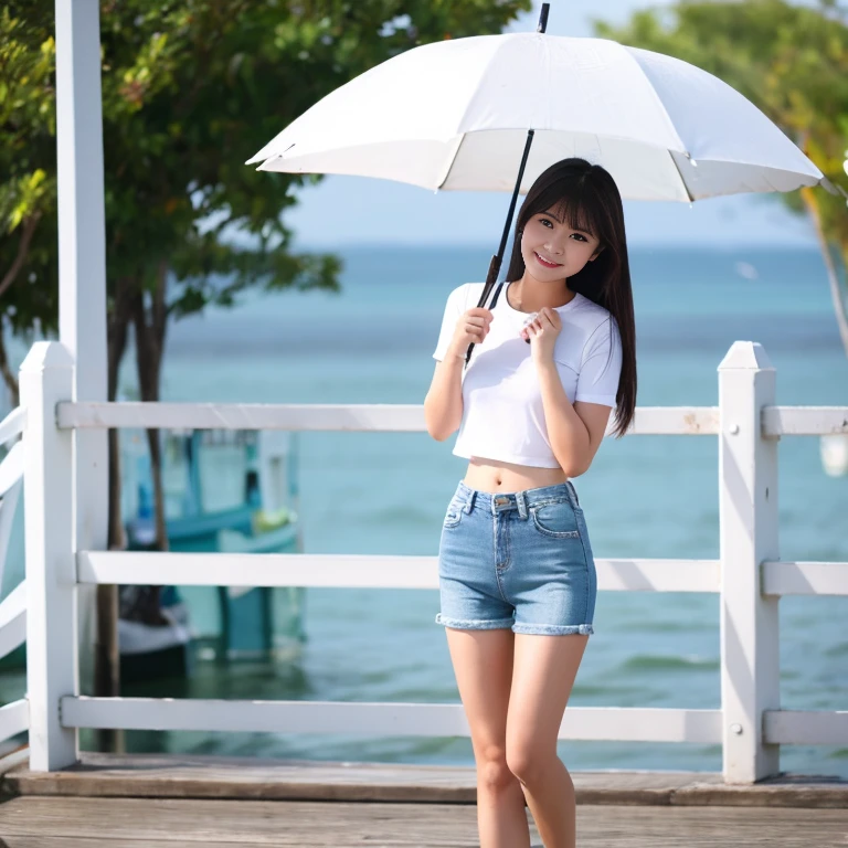 Thai girl wears short jeans and a tight-fitting white shirt. Take a walk by the sea