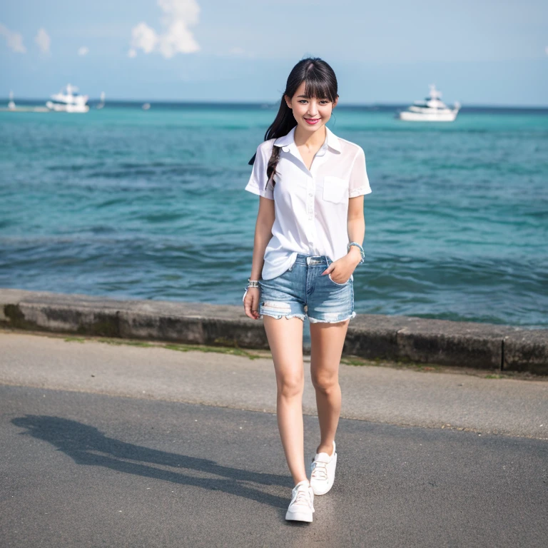 Thai girl wears short jeans and a tight-fitting white shirt. Take a walk by the sea