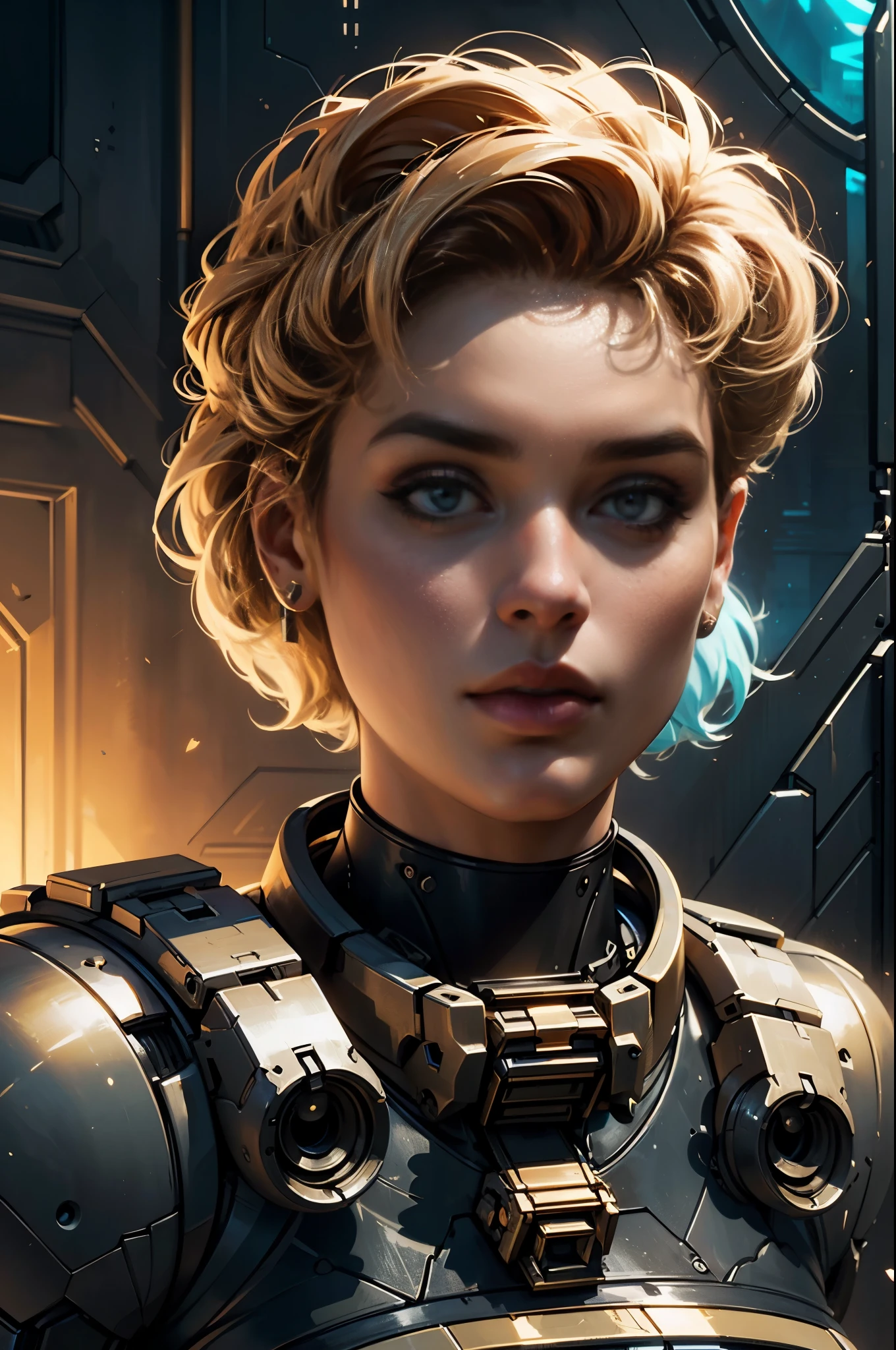 scifi fantasy illustration midshot Stefania Ferrario as a beautiful robot, in the style of realistic hyper-detailed portraits, dark white and orange, classicist portraiture, dark gold and aquamarine, realist detail, hard edge, technological marvels --ar 68:128 --stylize 750 --v 5. 2
