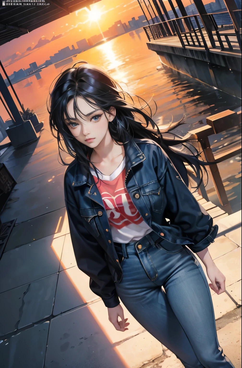 very colorful, high sense, pop feel, Orange and Indigo Keynote Speech, summer image, sunset beach, anime woman with long black hair, Around 25 years old, wearing a jacket, Lofty dream, older woman, longing, first love, A melancholy look, Eternal summer, blue jeans, perfect tall model body, cool beauty, mysterious, A melancholy look, Eternal farewell, it will happen, Anime drawing by Yang J, Trending at Art Station, realism, extremely detailed germ of art, Realistic anime 3D style, anime style 4 k, up to the model | germ of art, anime style. 8K, casual clothes, realistic anime art style, style germ of art, sharp outline, highest quality, perfect angle, perfect composition, best shot, official art,CD jacket, 80s city pop, very stylish, fashionable