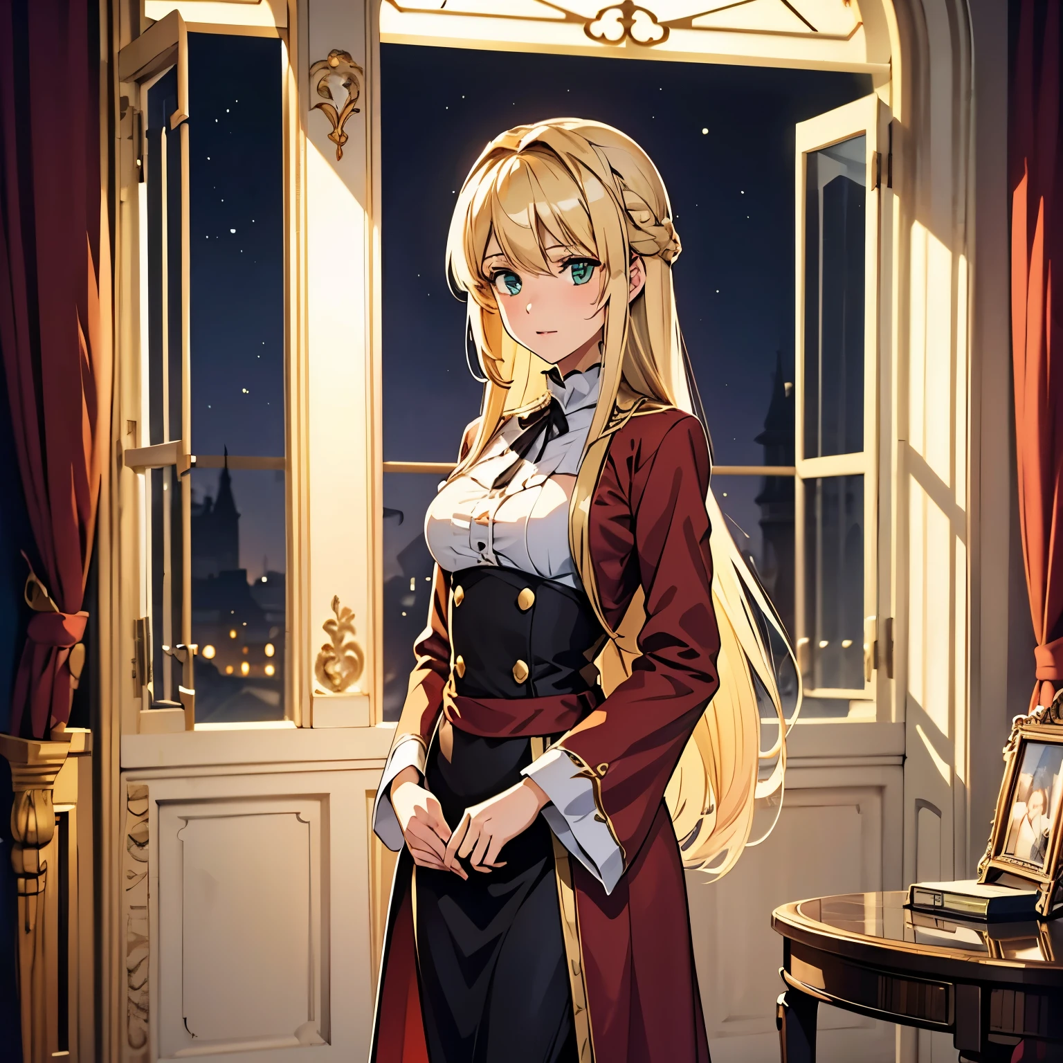 German upper class,cool,beautiful,glamorous lady , 16 years old,Blonde intake, long hair, emerald eyes.tsurime,The background is a private room in a mansion,1939, anime style,wearing a bathrobe