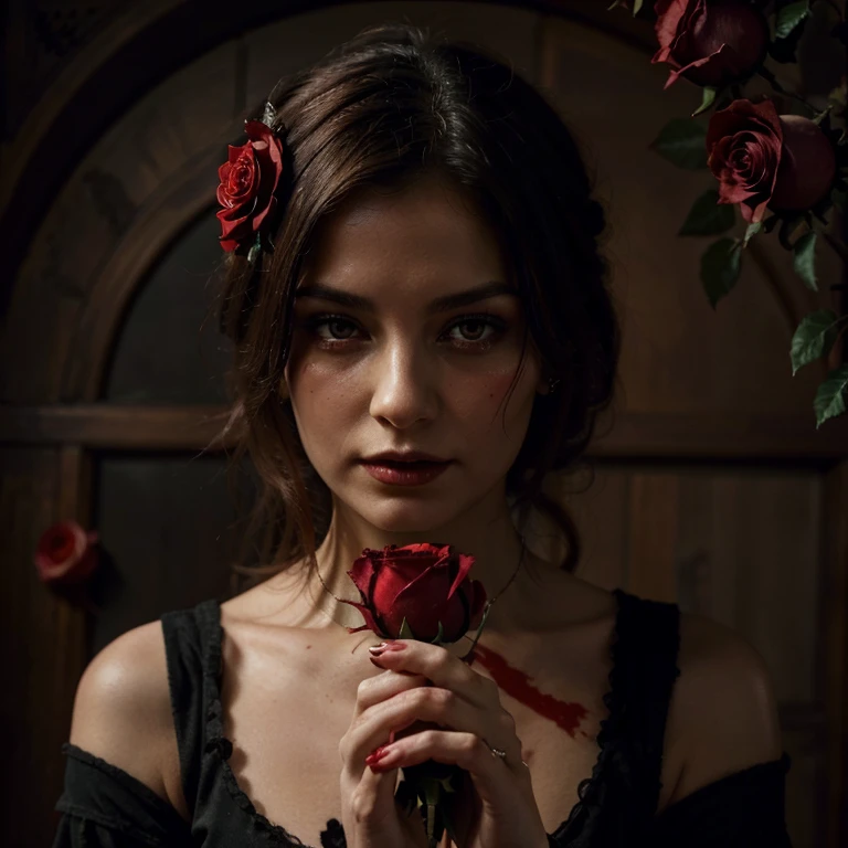 (highres:1.2),oil painting,detailed woman's hand,holding a red rose,centered,fading petals,gothic style,dark and vibrant, blood details, small flickering flame