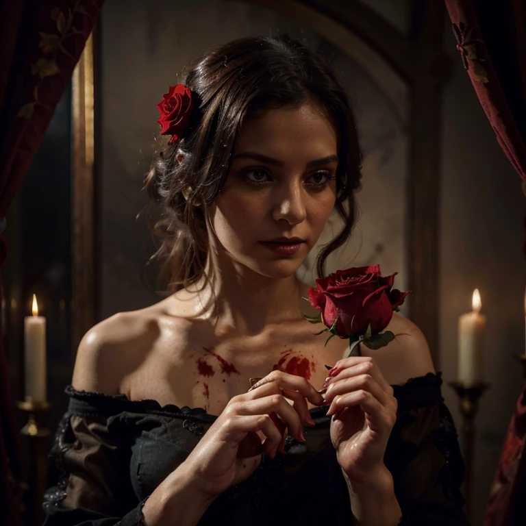 (highres:1.2),oil painting,detailed woman's hand,holding a red rose,centered,fading petals,gothic style,dark and vibrant, blood details, small flickering flame