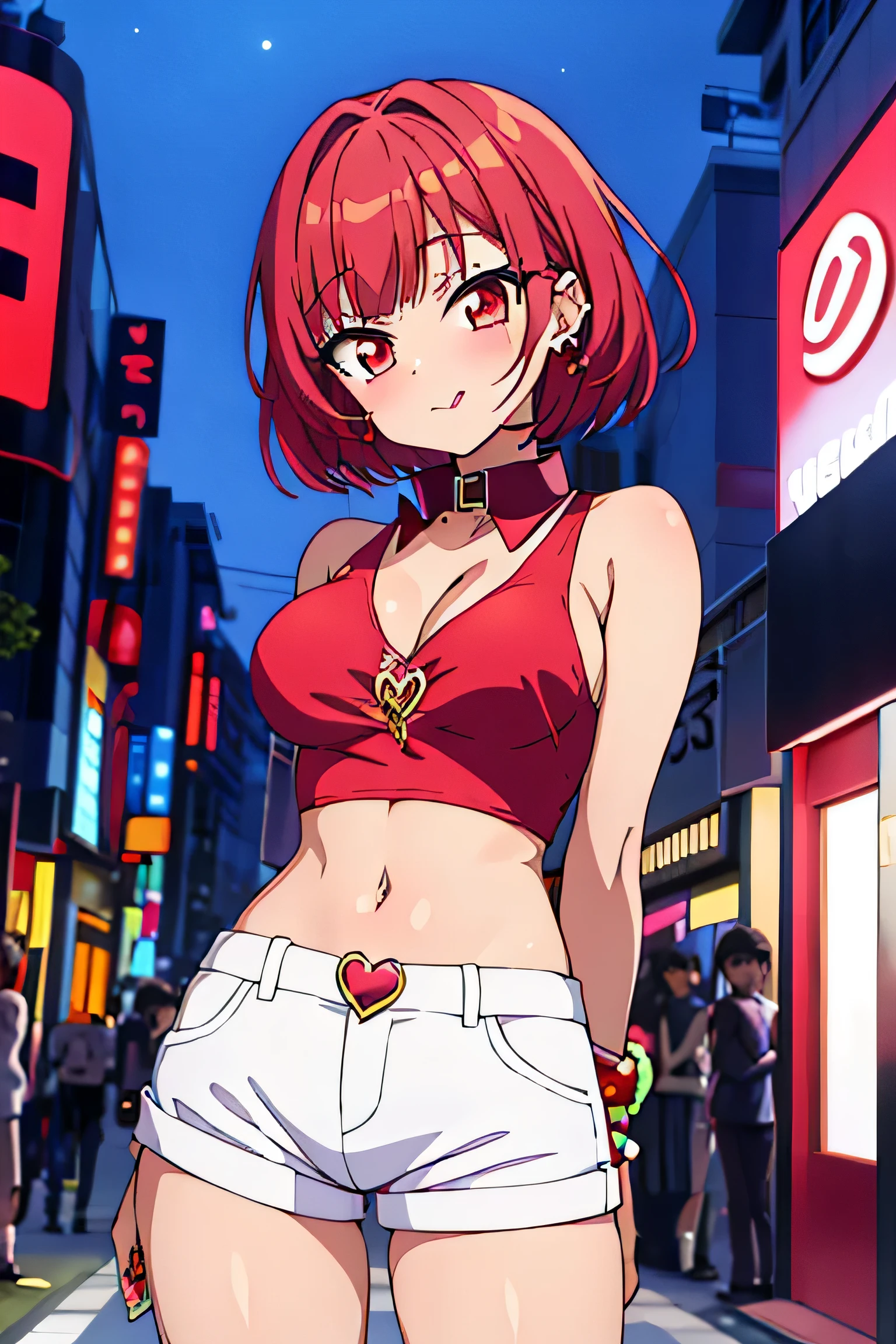 gyal style, anime, gyal fashion, expensive heart-shaped collar, jewel rings, expensive bracelet, short red hair, looking at viewer, licking lips, gyal outfit, sheer white top, tempting, gorgeous, hot, revealing, tanned, blue hotpants, tight, red eyes, alluring, sexy pose, blissful, night, tokyo street