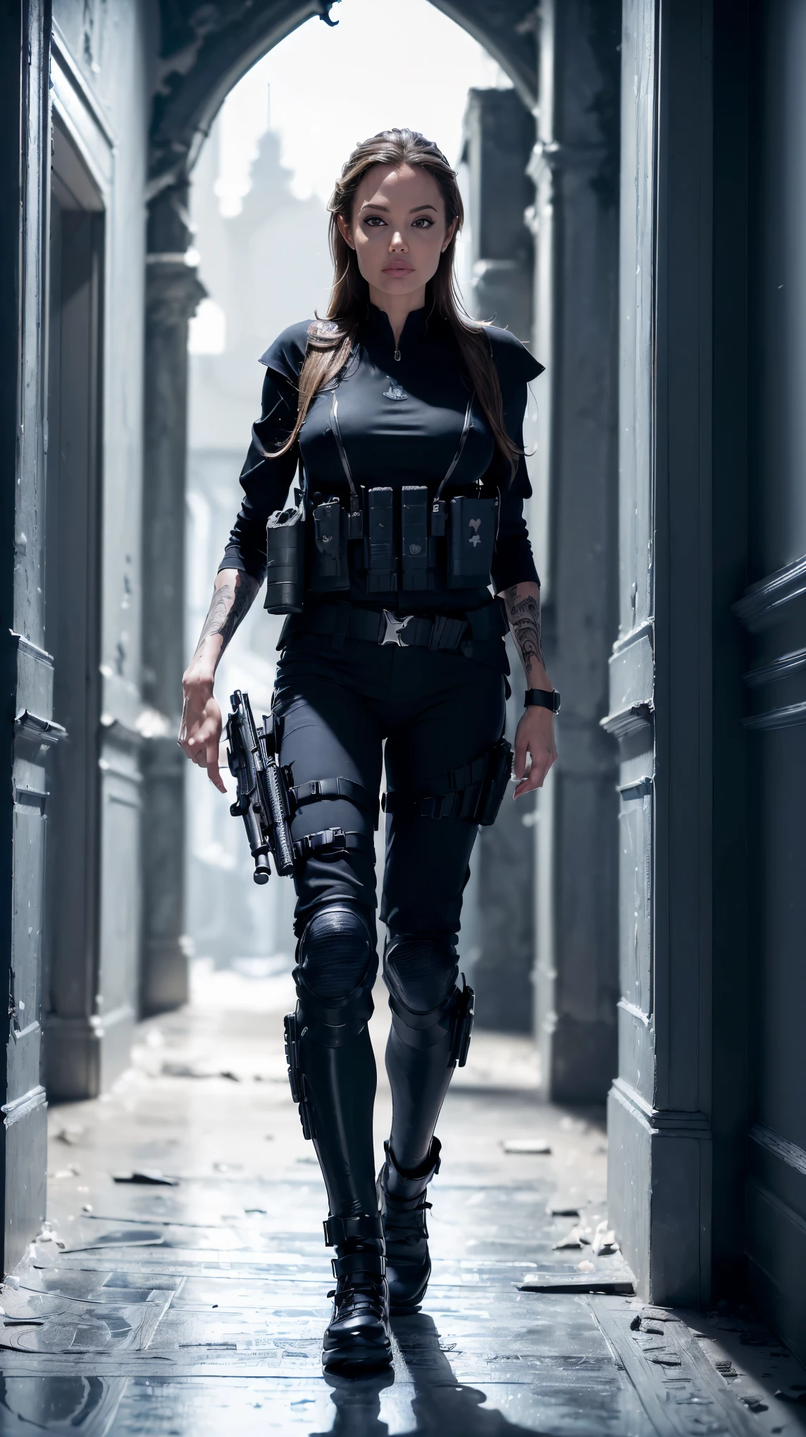 ((masterpiece,highest quality,In 8K,Super detailed,High resolution,realistic,absolutely)),Female SWAT member walking through ruins,I have a rifle,(Angelina jolie:1.5),(((The background is a dark ruined hallway:1.5))),((blur background:1.5)),(navy blue tactical vest and holster:1.5),(Wearing dark blue high-tech clothing and armor:1.5),(Beautiful woman:1.5),(Detailed depiction of the rifle:1.5),(Detailed facial depiction:1.5),(detailed hand drawing:1.5),((whole body:1.5)),from before:1.5,((look around:1.5))