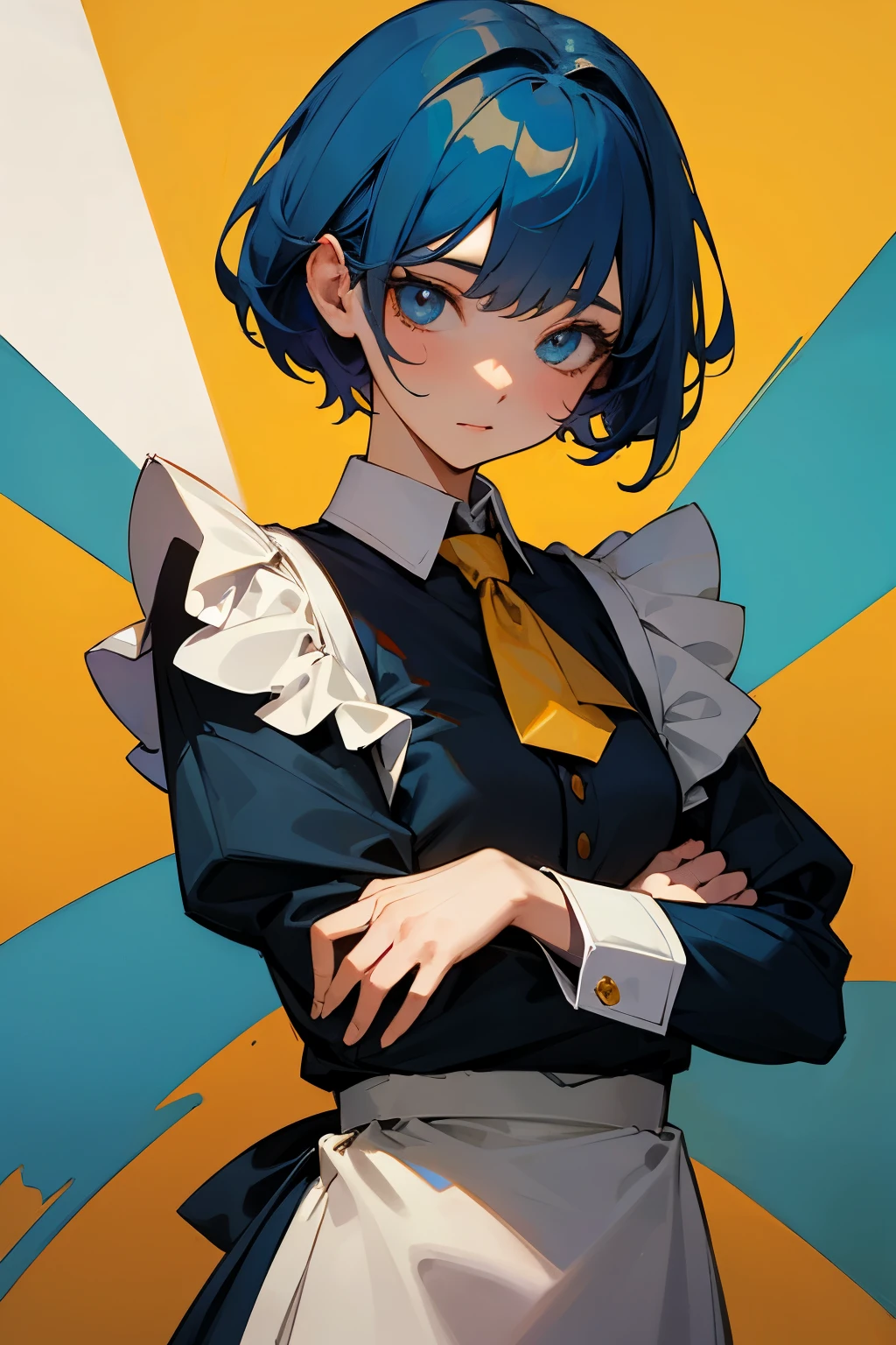((best quality)), ((muste piece)), perfect face,solo,1 girl,blue hair,Golden Eyes,Maid clothes.shortcut,