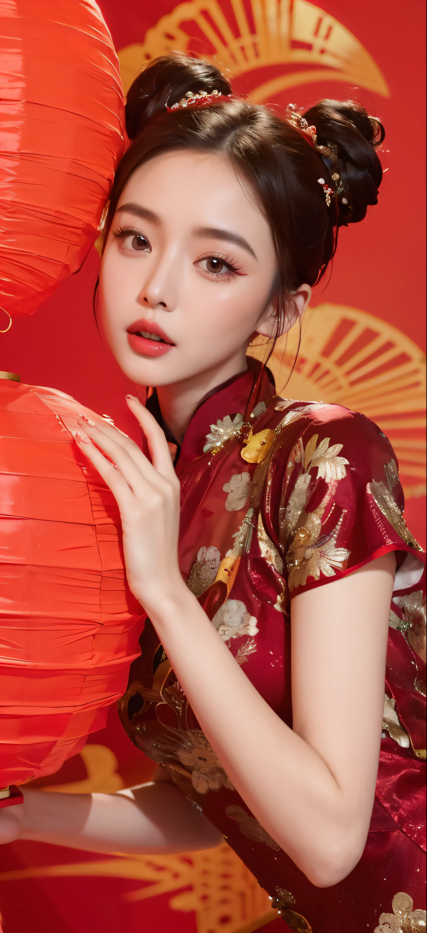 araffe woman in a red dress holding a red paper lantern, sha xi, cheongsam, wearing a red cheongsam, chinese style, fan bingbing, inspired by Xu Xi, cai xukun, jingna zhang, inspired by Yao Tingmei, ruan jia beautiful!, lulu chen, chinese dress, inspired by Zhang Yin, inspired by Xie Sun