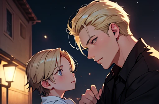 2 people, 2 shots, father and son, son is a , blond hair, gray eyes, elegant, at night, Ingenious angle, clear eyes