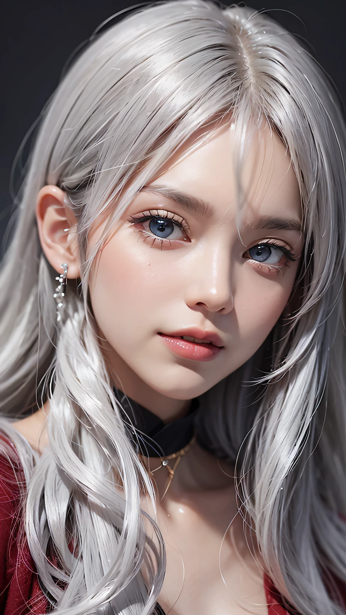1girl, solo, long hair, looking at viewer, smile, blue eyes, hair ornament, white background, jewelry, white hair, closed mouth, blunt bangs, nail polish, bracelet, lips, grey eyes, portrait, red nails, close-up, red lips, hands on own face, hands on own cheeks,(mature female),(shiny skin),((steaming body))